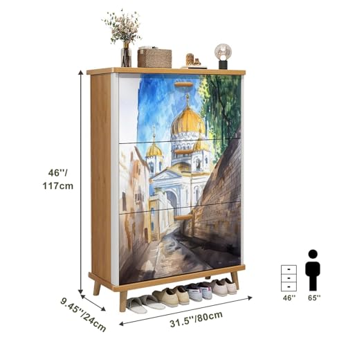 3 Drawer Shoe Cabinet, Paris Watercolor Sketch Design, Slim Entryway Organizer Y8400
