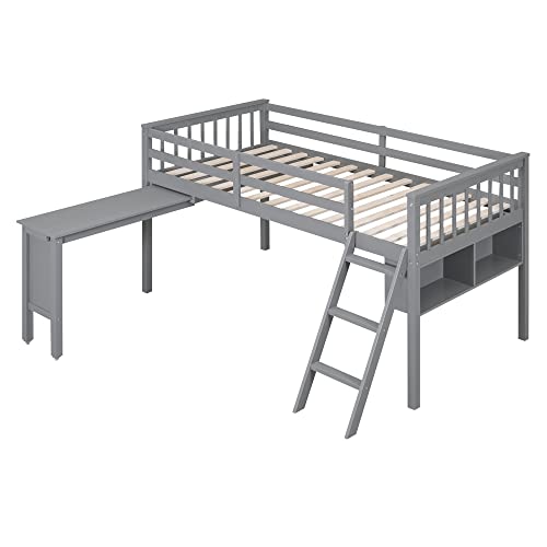Wooden Full Size Low Loft Bed with Rolling Desk, Chair, and Cabinets for Kids S1286