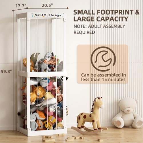 Wooden Stuffed Animal Storage Cage with Elastic Rope, 60 Inch, White U27216