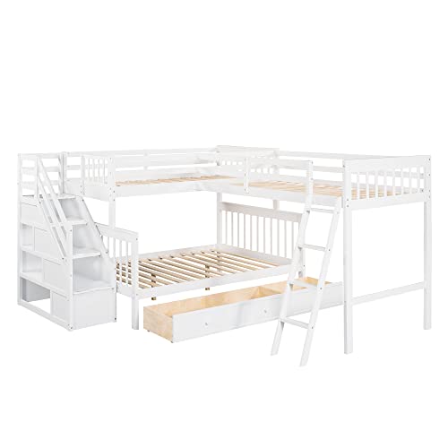 Triple Bunk Bed with Drawers and Stairway, L-Shaped Loft Bed Combo G408