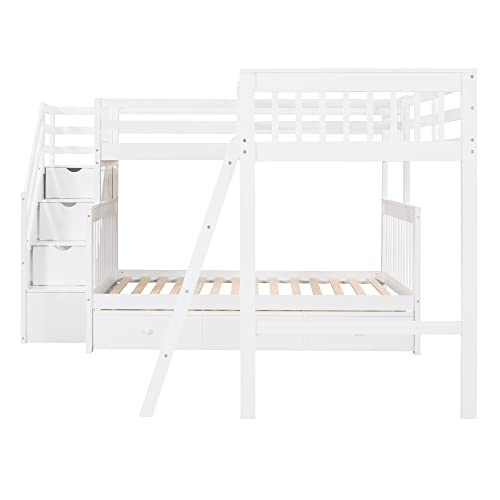 Triple Bunk Bed with Drawers and Stairway, L-Shaped Loft Bed Combo G408