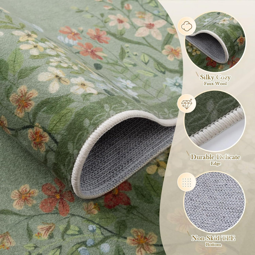 Washable Green Floral Area Rug 4x6, Non-Slip Low-Pile Indoor Carpet O8865