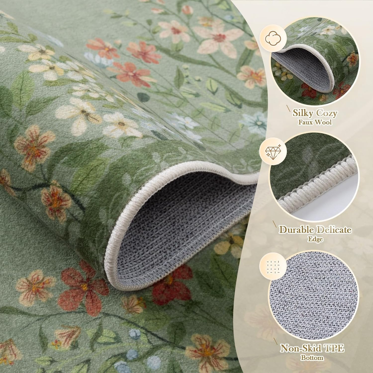 Washable Green Floral Area Rug 4x6, Non-Slip Low-Pile Indoor Carpet O8865