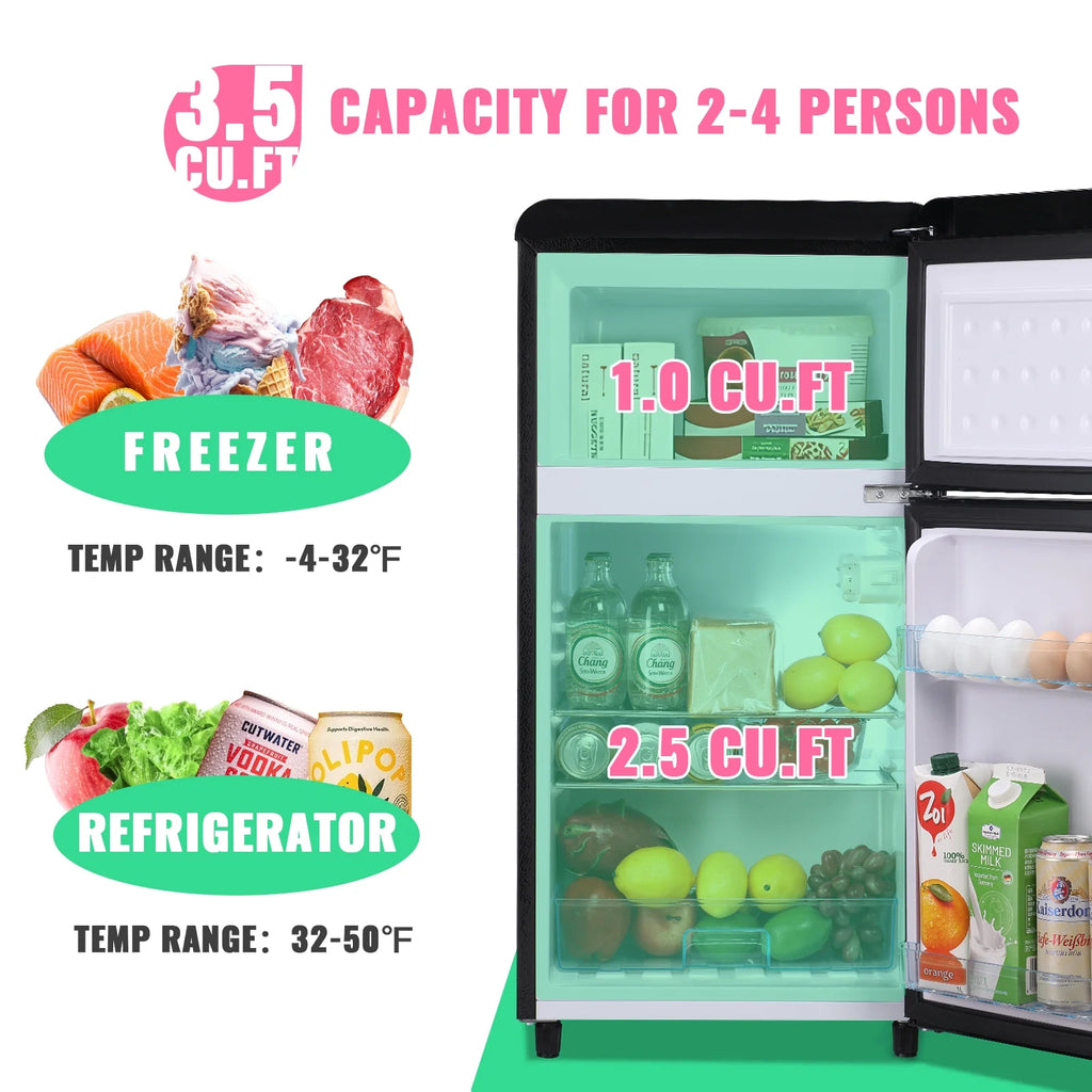 Mini Fridge Double Door 3.5 Cu. ft with Adjustable Temperature Control W356