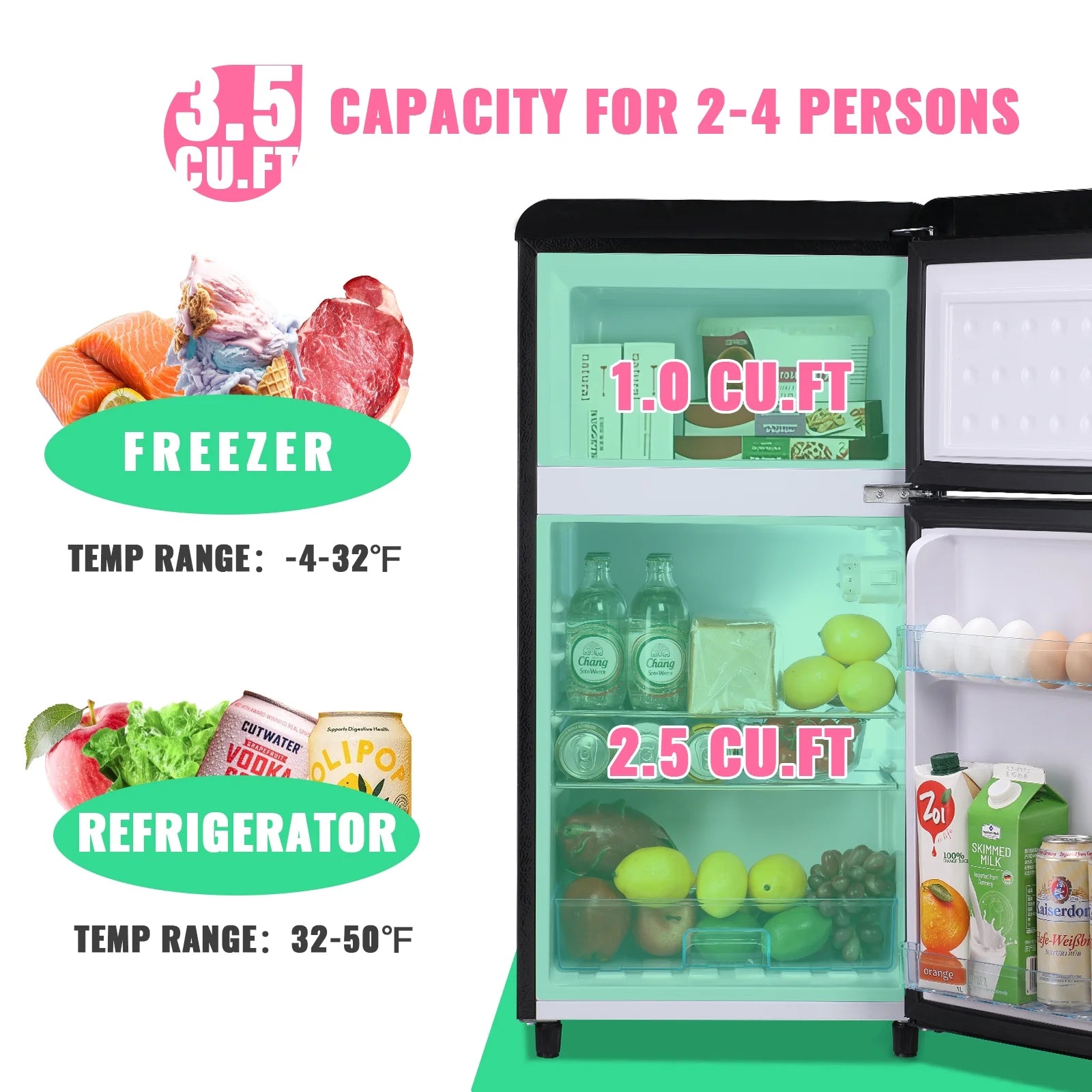 Mini Fridge Double Door 3.5 Cu. ft with Adjustable Temperature Control W356