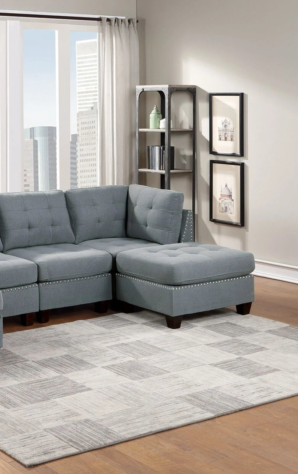 Gray Fabric Tufted 6pc U-Sectional Couch with Ottomans D12488