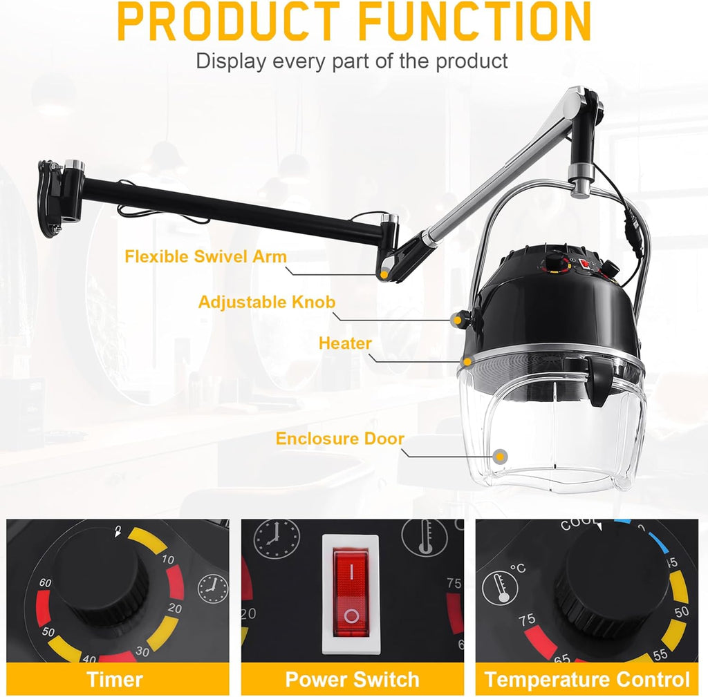 Wall Mounted Hair Dryer with Swivel Arm, Adjustable Temperature and Timer Q402344