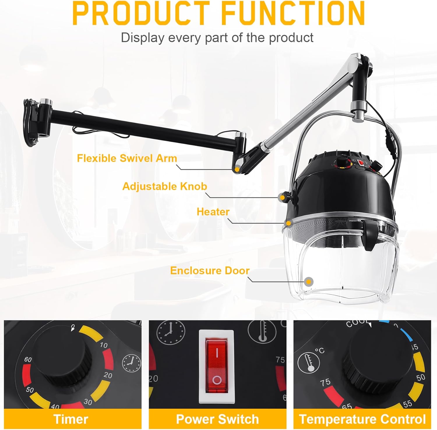 Wall Mounted Hair Dryer with Swivel Arm, Adjustable Temperature and Timer Q402344