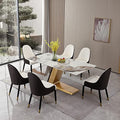 Sintered Stone Dining Table for 6-8, Modern Rectangular Kitchen Table with Z-Shaped Gold Stainless Steel Base, Luxury Pandora Brown+White Dining Room Table Noble Hotel Dining Table