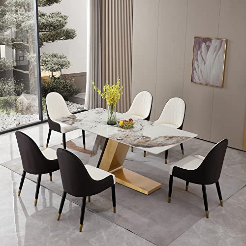 Sintered Stone Dining Table for 6-8, Modern Rectangular Kitchen Table with Z-Shaped Gold Stainless Steel Base, Luxury Pandora Brown+White Dining Room Table Noble Hotel Dining Table