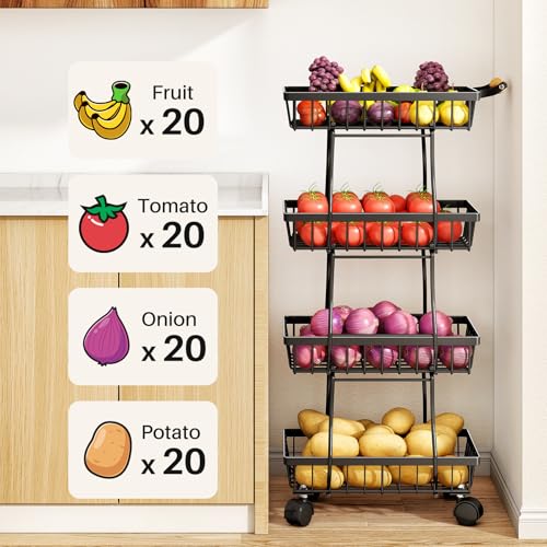 5-Tier Stackable Fruit and Vegetable Wire Basket with Wheels for Kitchen Storage, Black E91602
