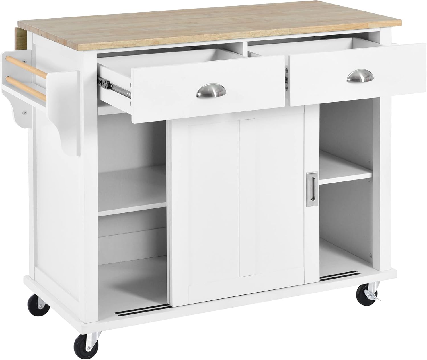 Mobile Kitchen Island Cart with Spice Rack and Towel Rack, Rolling with Drop Leaf, 2 Drawers and Sliding Barn Doors B9917