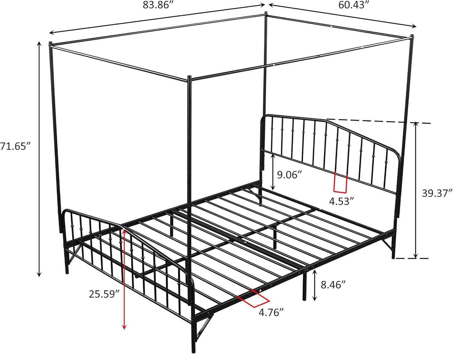 Metal Canopy Bed Frame with Ornate Headboard, Black, Queen A70815