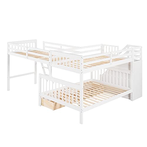 Triple Bunk Bed with Drawers and Stairway, L-Shaped Loft Bed Combo G408