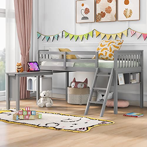 Wooden Full Size Low Loft Bed with Rolling Portable Desk and Chair,4 Cabinets，Blackboard and Slides,for Kids Boys Girls Teens Bedroom Use (White@z, Full)