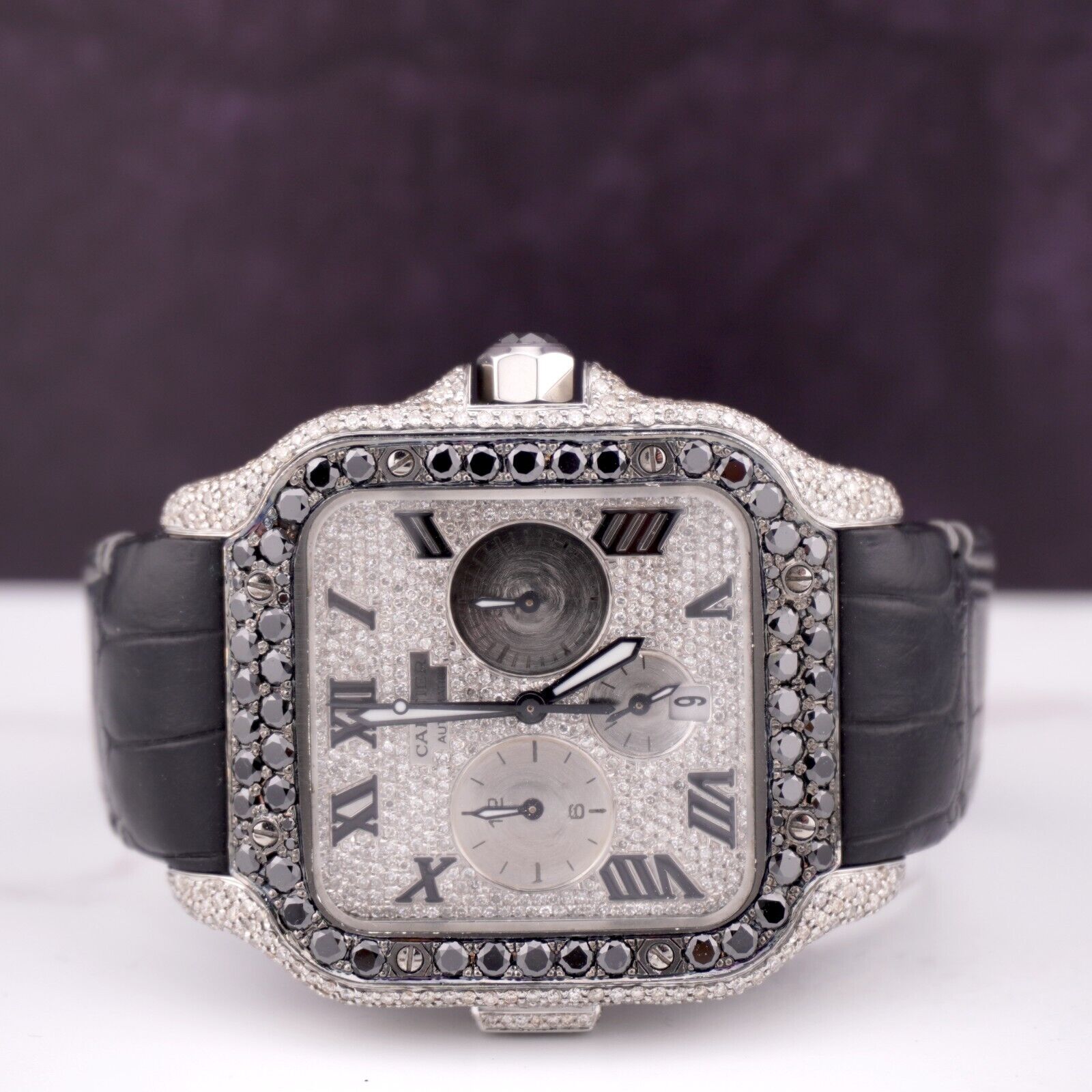 Cartier Santos 43mm Chrono Men's Steel Watch ADLC Iced 9ct Diamonds WSSA0017