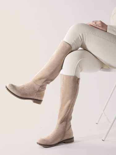 Women's Knee High Boots Flat Low Heel Stretchy Round Toe P555