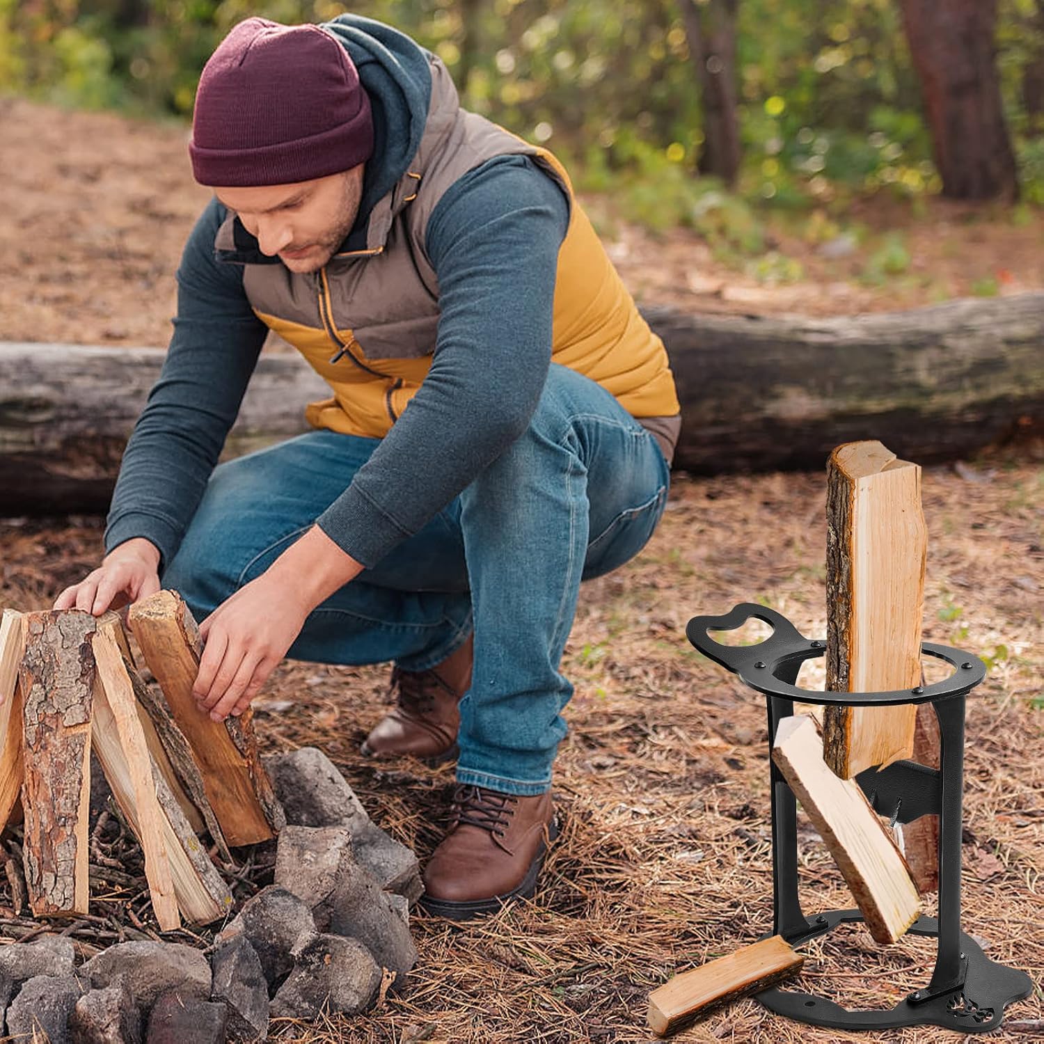 Wood Splitter Firewood Kindling Splitter Manual Log Splitter High-Carbon Steel Stand Chopper Cutter Heavy Duty Wood Splitting Wedge Portable Safely Easily Tools for Fireplace Barbecue Pack of 2 L569