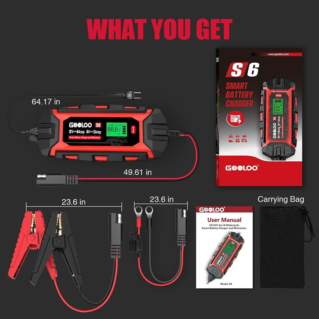6 Amp Smart Battery Charger, 6V 12V Trickle Charger and Maintainer for Lead-Acid Battery, LCD Display G6163
