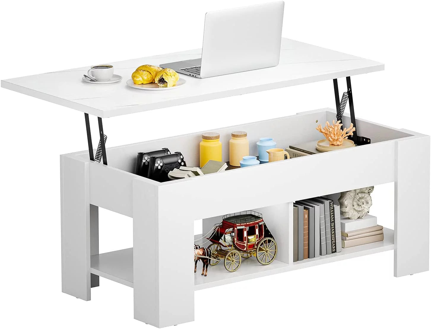 Lift Top Coffee Table Desk with Storage and Open Shelves V410