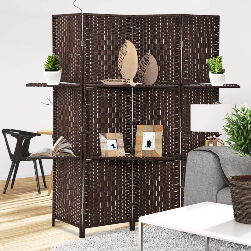 4 Panel Room Divider with 2 Shelves - 6 FT Tall Folding Privacy Partition, Freestanding Screen for Home Office H8578