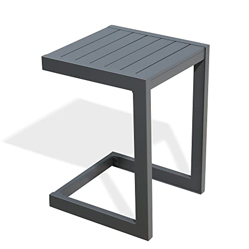 Ulax furniture Aluminum Patio Snack Side Table C Shaped Outdoor End Table Outside Small Table (Light Grey)