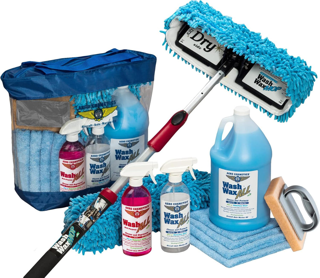 Aero Cosmetics Waterless RV Aircraft Boat Wash Wax Mop Kit with Deluxe Pole (3' 9" to 9'), No Ladder Needed, Wash, Wax, Dry, Anywhere, Anytime, No Restrictions