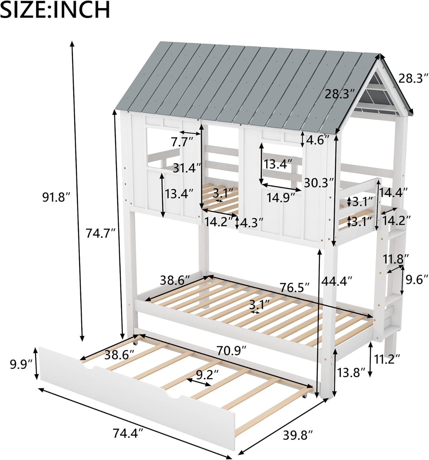Wood House Bunk Bed with Trundle, Twin Over Twin with Guardrails and Ladder, White S560