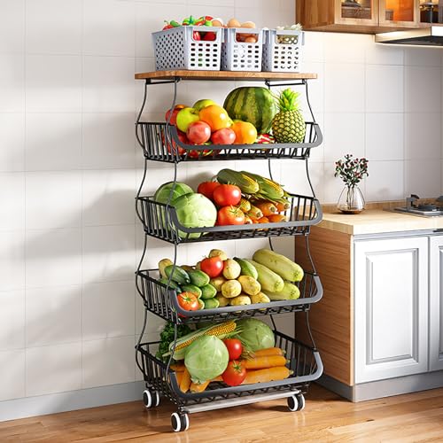 Fruit Vegetable Storage Basket,5 Tier Stackable Metal Wire Basket with Wheels, Fruit and Vegetable Produce Storage Basket Organizer Bins for Kitchen,Bathroom,Pantry