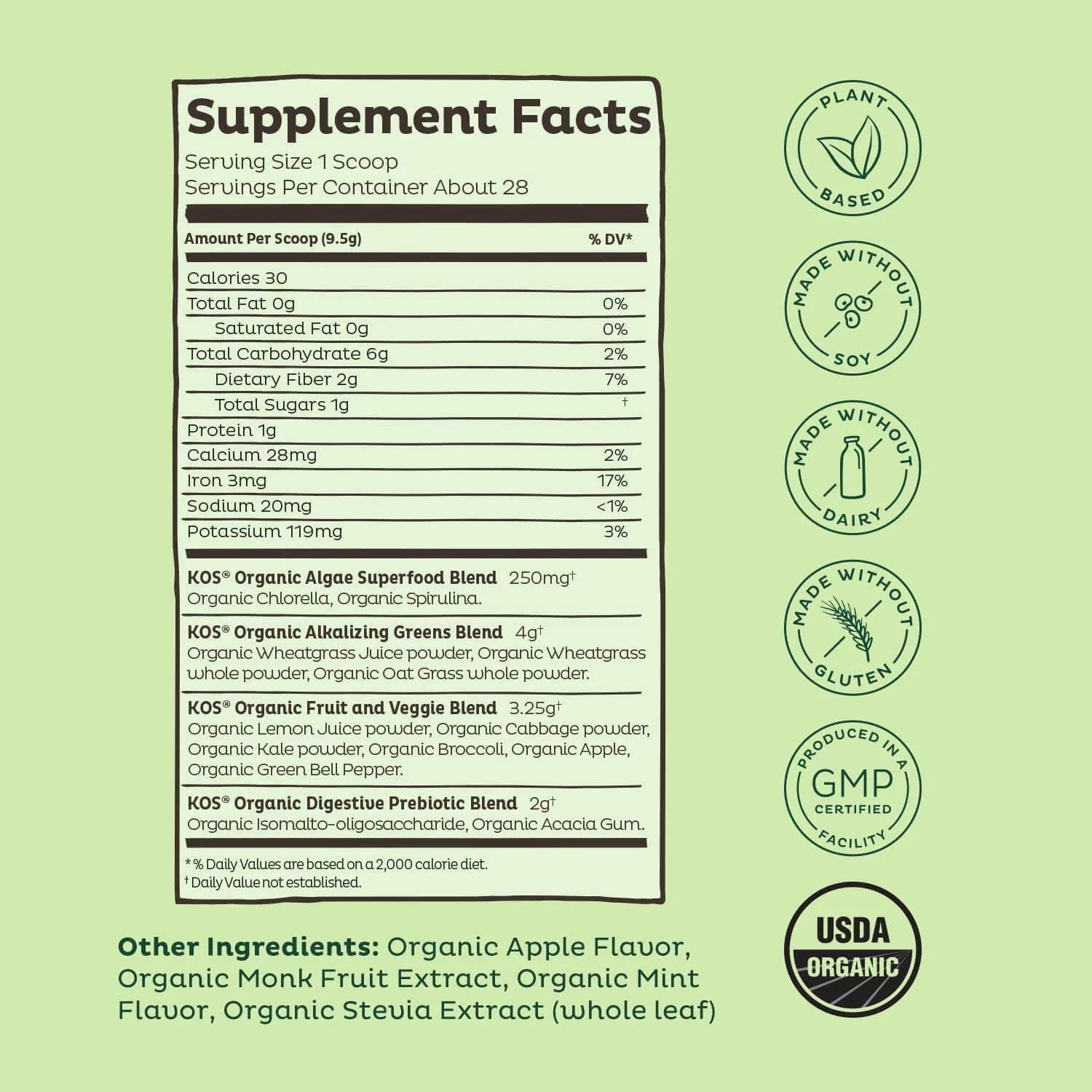 Organic Super Greens Powder with Spirulina, Chlorella and Wheatgrass, Green Apple Flavor A949
