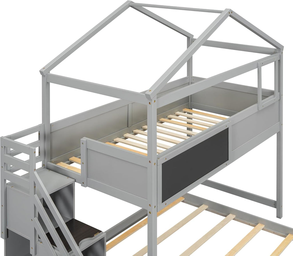 Twin Over Full Bunk Bed with Storage Stairs and Blackboard W837