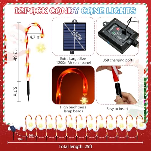 Solar Candy Cane Lights, 12 Pcs Christmas Outdoor Decor, 8 Modes, Timer, Waterproof X53809