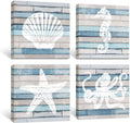 Afuly Rustic Bathroom Wall Art Beach Themed Pictures Seashell Starfish Seahorse Octopus Canvas Prints Blue Coastal Nautical Decor for Living Room set of 4, 12x12 inch