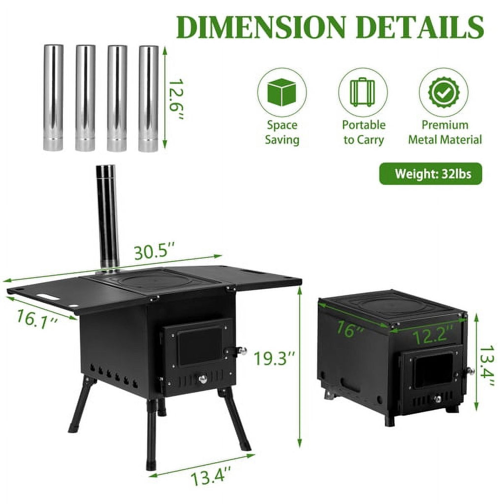 Outdoor Wood Burning Stove with Chimney Pipes for Camping, Cooking, Ice Fishing G379328
