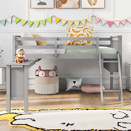 Wooden Full Size Low Loft Bed with Rolling Desk, Chair, and Cabinets for Kids S1286
