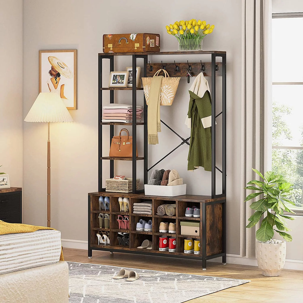 Entryway Hall Tree with Bench, Shoe Storage, and Coat Rack X548