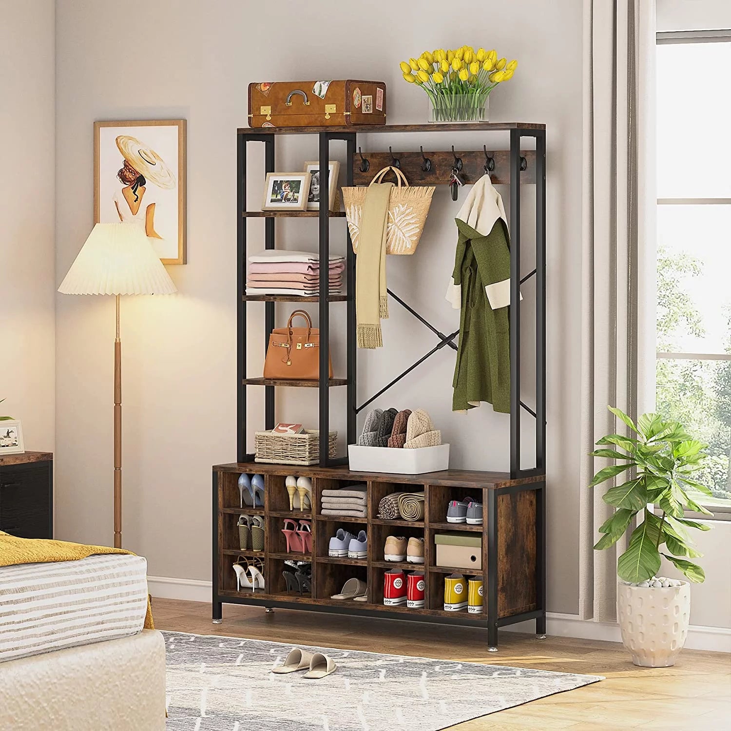 Entryway Hall Tree with Bench, Shoe Storage, and Coat Rack X548