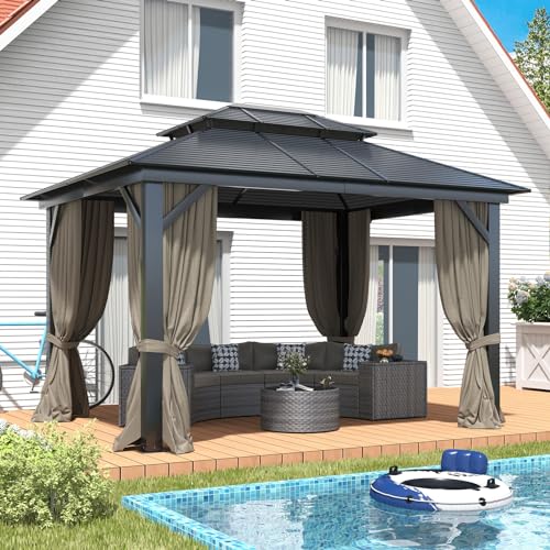 Outdoor Hardtop Gazebo 10x12FT with Double Roof and Netting I84902