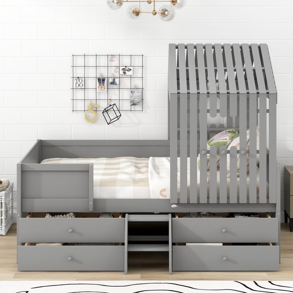Low Loft Bed with Four Drawers, Gray N48078