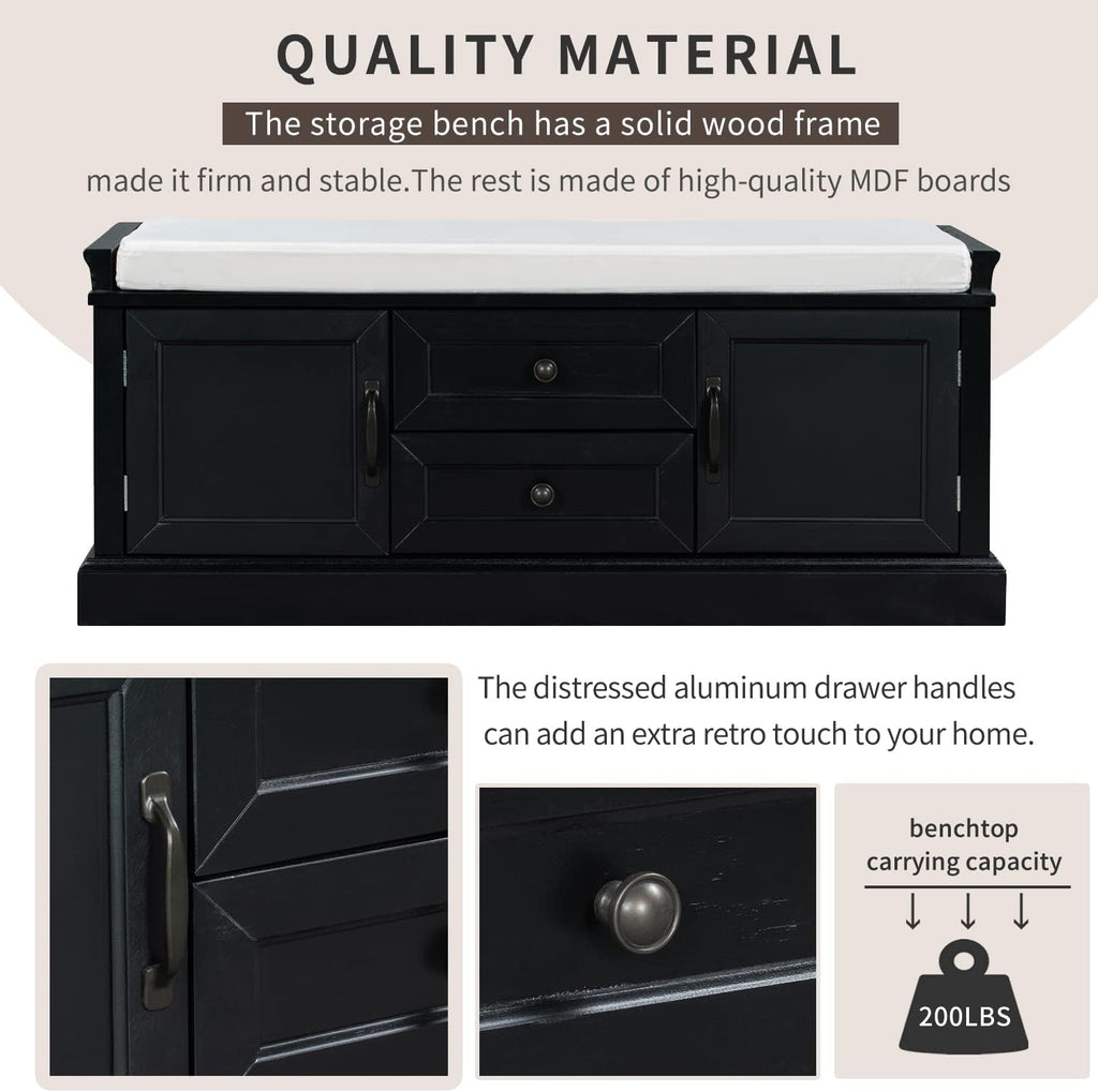Storage Bench with 2 Drawers and 2 Cabinets, Removable Cushion, Black H95062