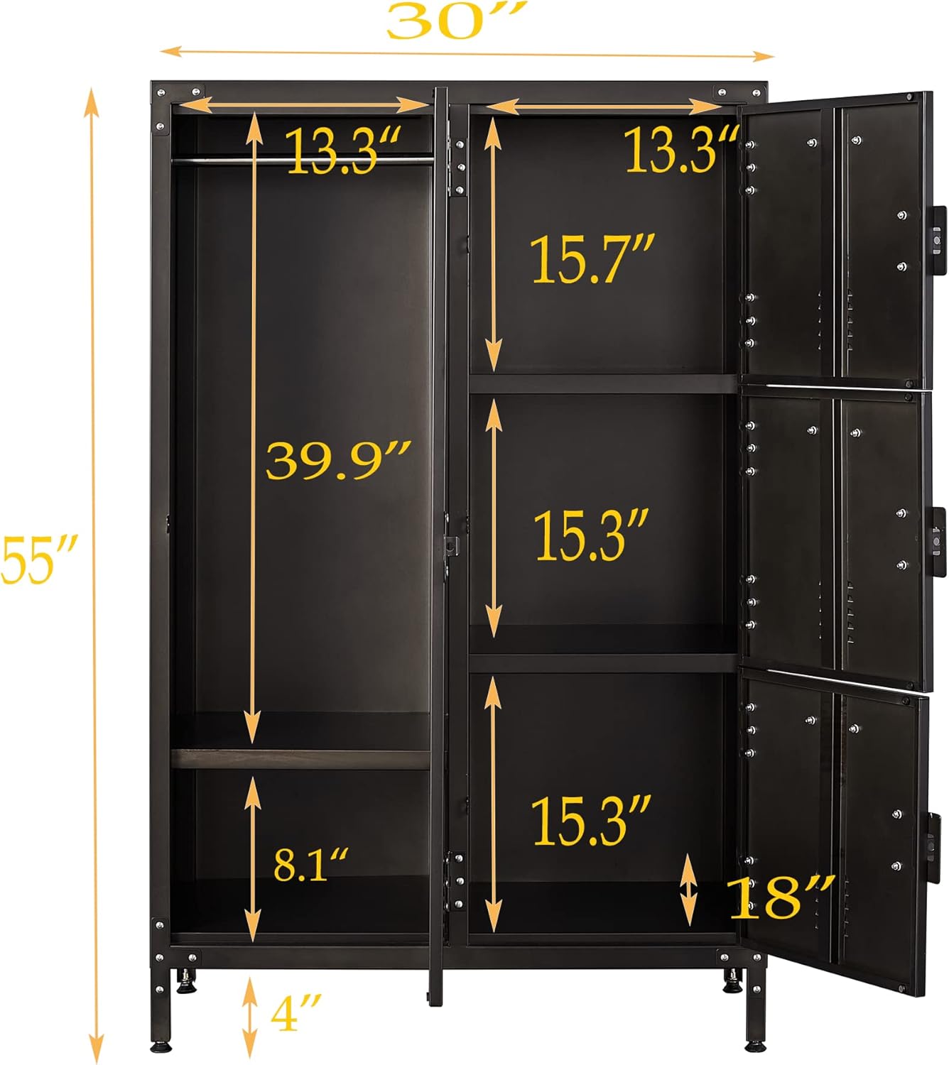 Metal Locker Storage Cabinet, 55" Steel Retro Wardrobe, 4 Doors Lockable S6176