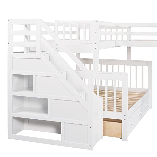 Triple Bunk Bed with Drawers and Stairway, L-Shaped Loft Bed Combo G408
