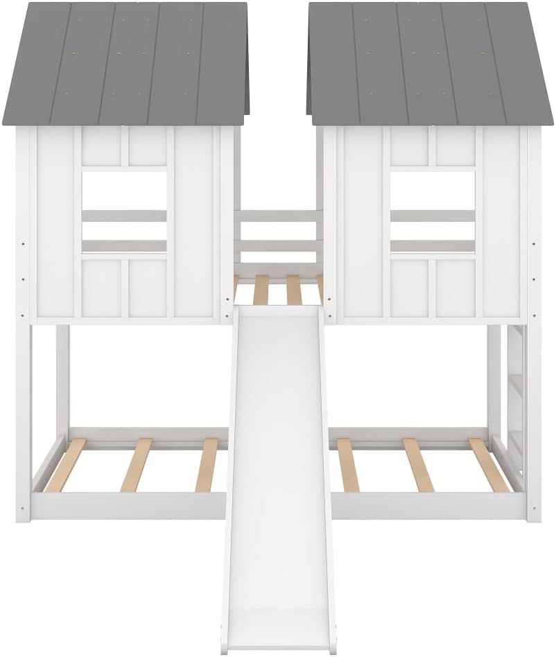 Twin Over Twin House Bunk Bed with Slide and Windows, White L7376