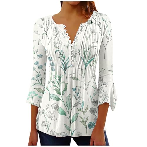 Women's Tunic Tops Casual Print V Neck Buttons Pullover T-Shirts 3/4 Sleeve Pleated Cotton Blouse 2024 Fall