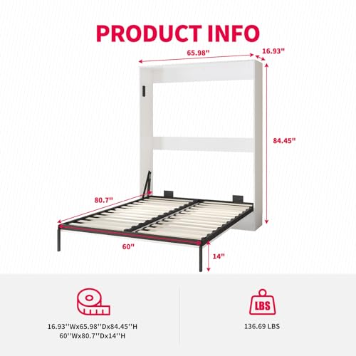 Murphy Bed with Wardrobe, Foldable Wall Bed with Side Cabinet for Guest Room, Dark Grey I218
