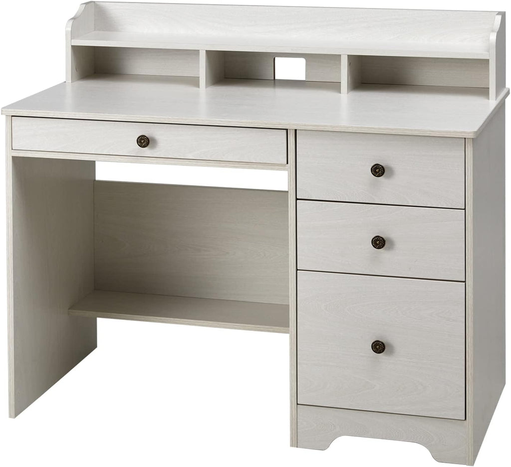 Computer Desk with 4 Storage Drawers and Hutch Shelf, Wood Frame Home Office Desk with Wide Tabletop, Industrial Vintage Style Executive Desk Writing Study Table PC Desk, Oak White