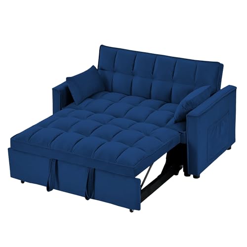 55" Velvet Convertible Sofa Sleeper w/2 Detachable Arm Pockets, Pull-Out Couch Bed Loveseat with Adjustable Backrest, for Office Living Room Apartment, 87inch, Beige