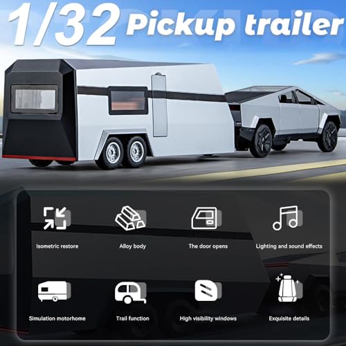 Diecast Pickup Trailer RV Model Toy Truck with Beach Motorcycle, Sound Light Pull Back I5768