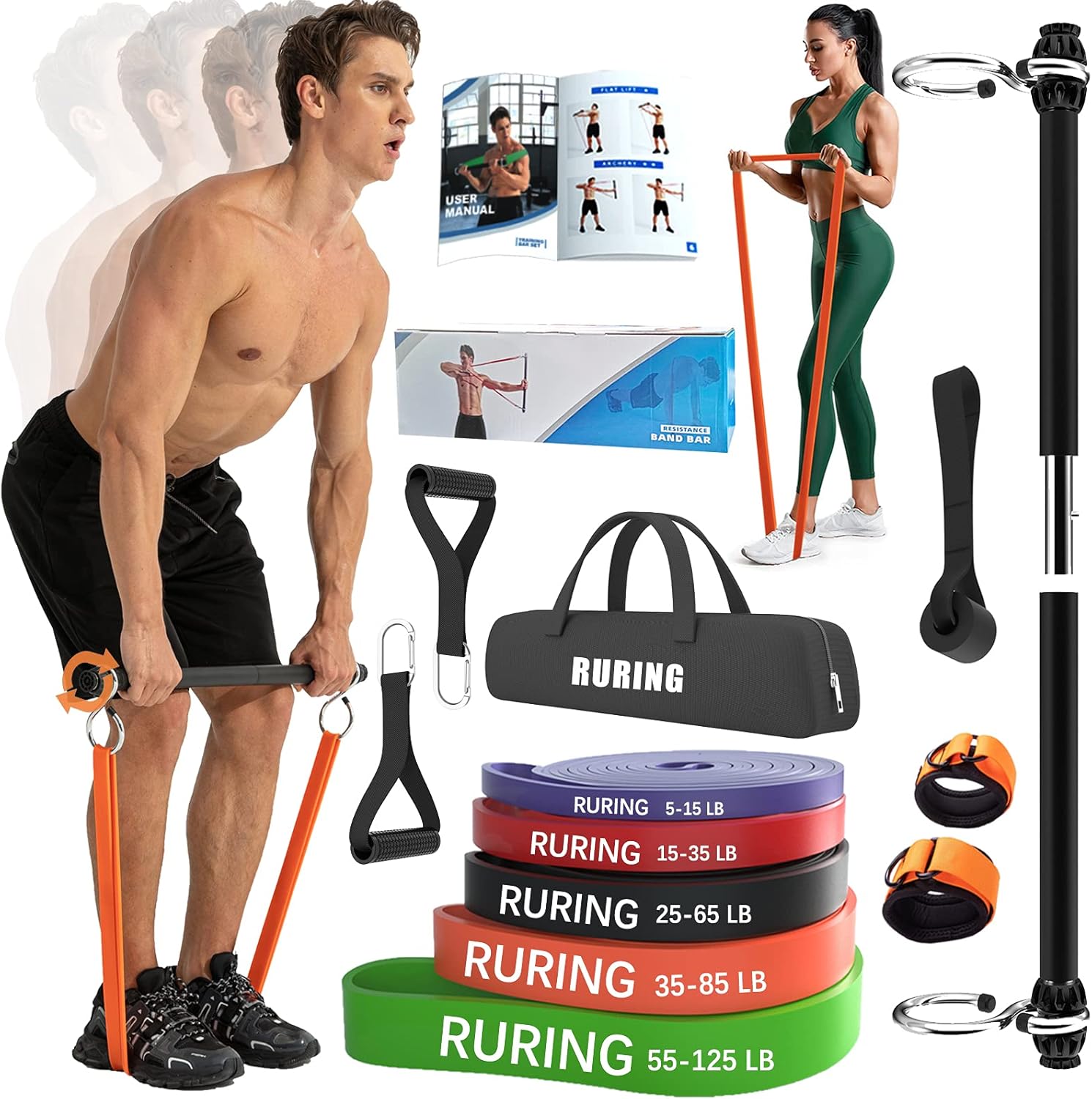Resistance Bands Bar Set Portable Home Gym Equipment for Adults Strength Training for Chest Press Deadlift Squats Curl Full Body Workout Bands Pilates Bar Kit for Fitness Exercise(5 Resistance Bands)