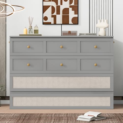Queen Size Murphy Bed, Murphy Cabinet Bed with Large Drawer, Can Be Foldable, Space Saving, Wooden Low Bedframe for Bedroom, Apartment (White, Queen)